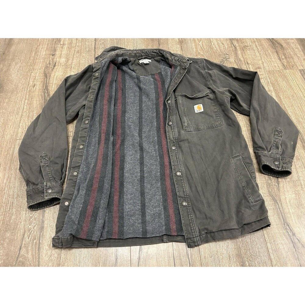 Carhartt Mens M Rugged Flex Canvas Fleece Lined Snap Front Shirt Jac Dark Gray